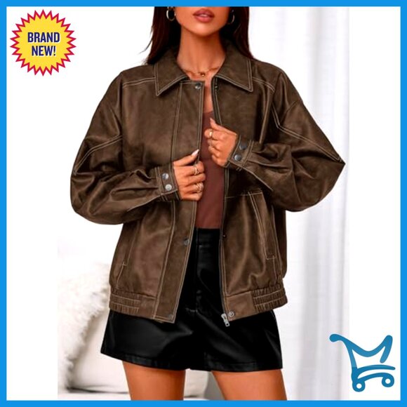 Faux Leather Jacket Oversized Moto Biker Retro Chic Winter Coat Women - Picture 2 of 7